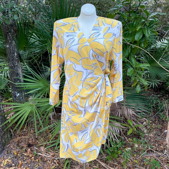 Vintage Dresses & Skirts - Vintage 90s Wrap Dress Yellow White Oversized Floral Print Lady Carol Size M L